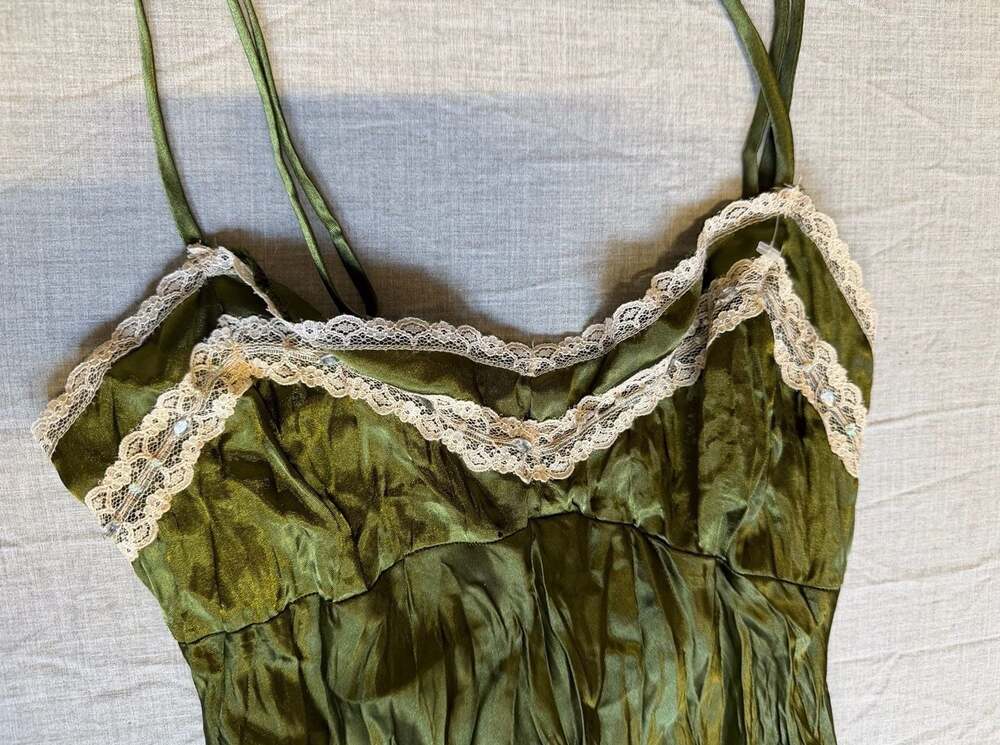 Vintage Y2K Dolled Up by FANG Olive Green Satin Lace Trim Babydoll Cami - Picture 3 of 6